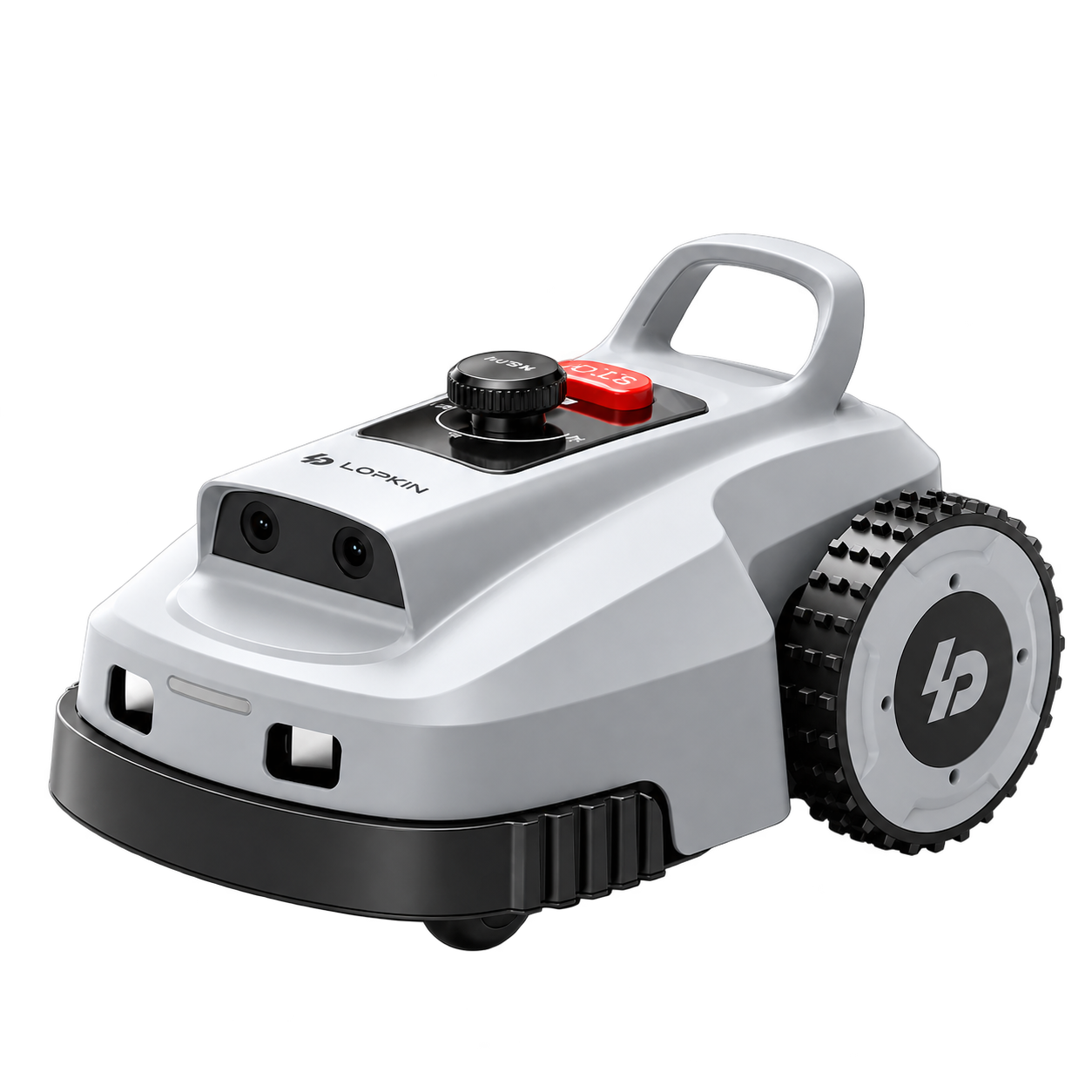 White LOPKIN robotic lawn mower, shown as a clean product cutout