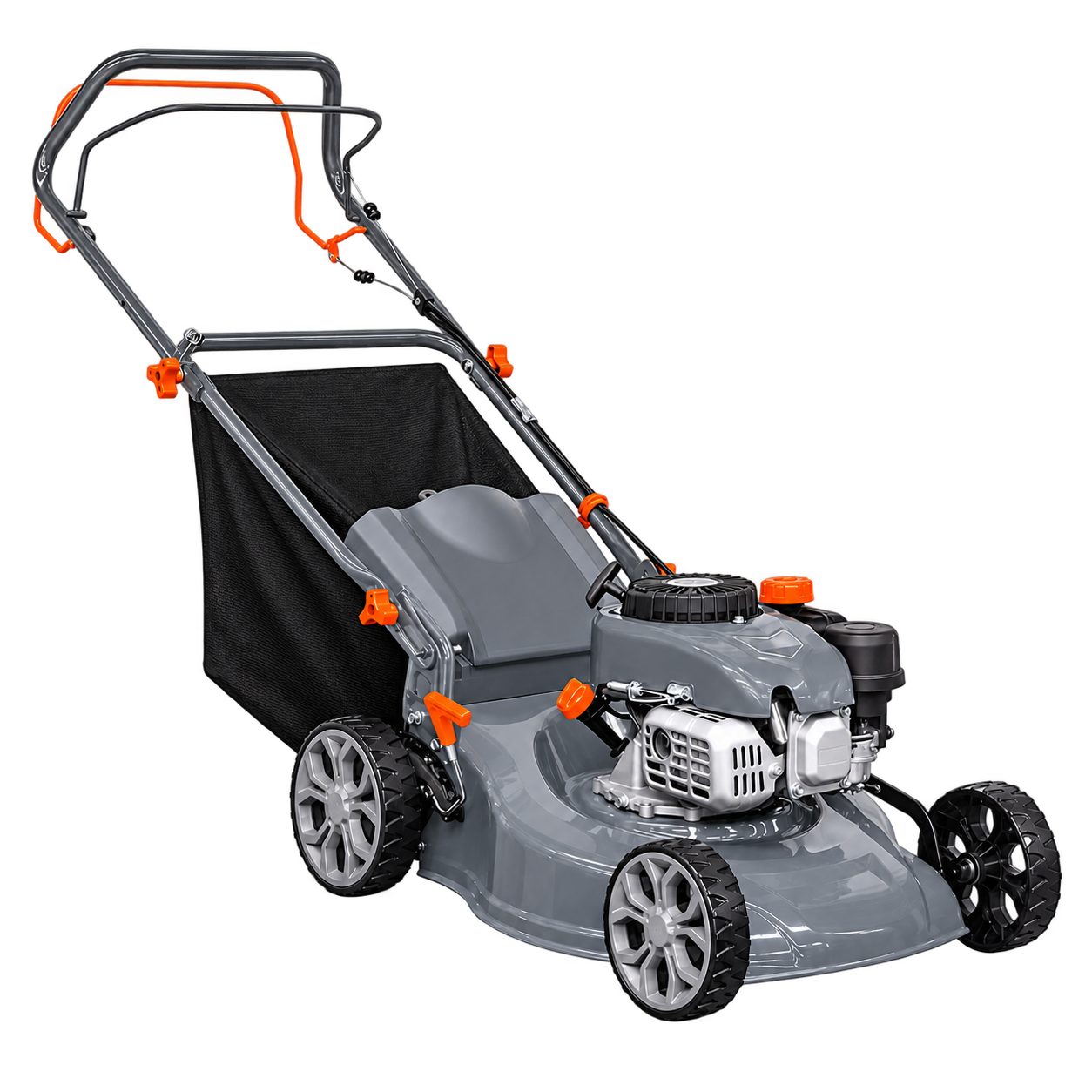 Complete walk-behind lawn mower with grass catcher bag, shown as a product cutout