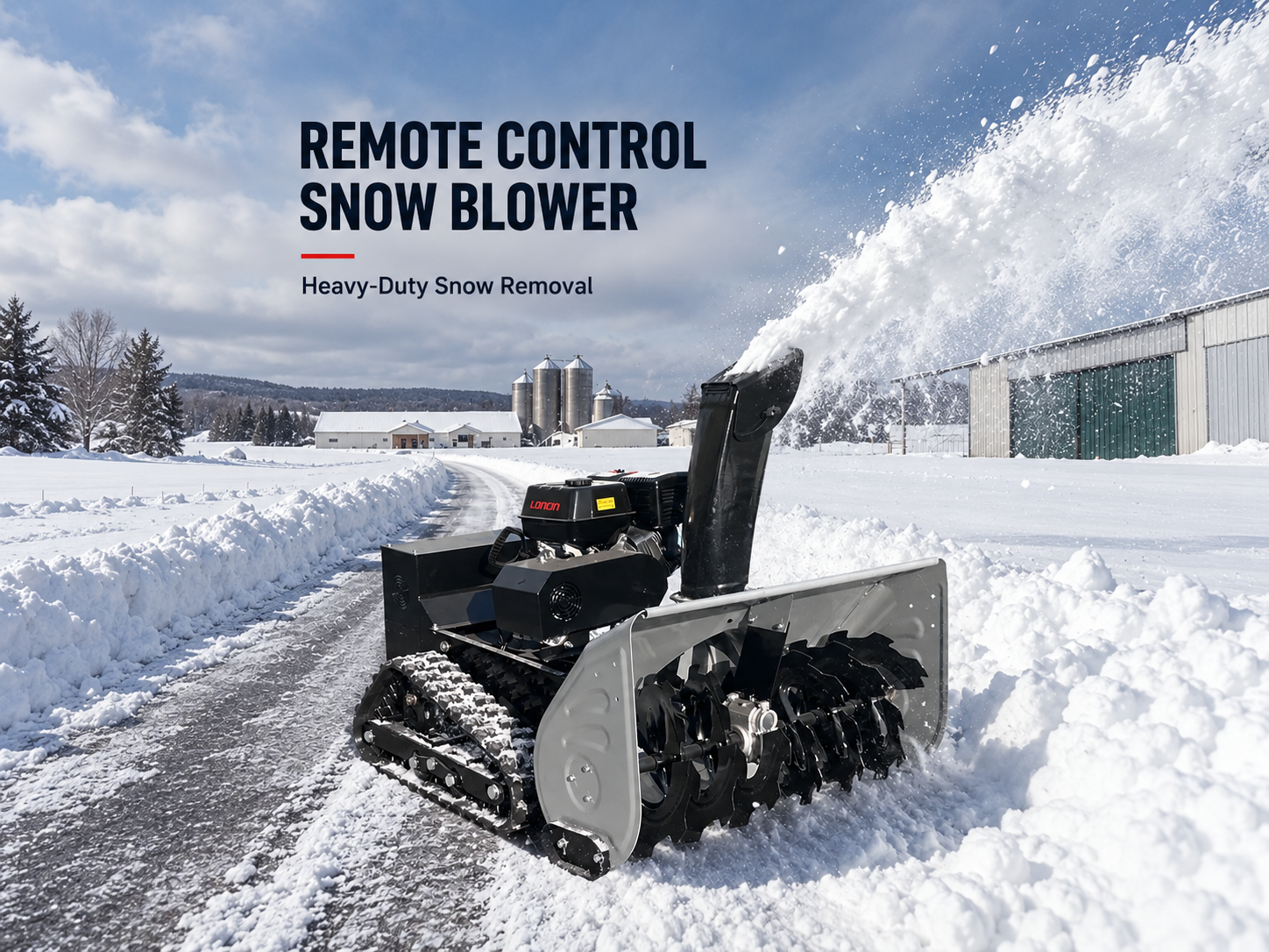 YUWUZHI-420-100T remote-control snow blower clearing snow in a winter landscape